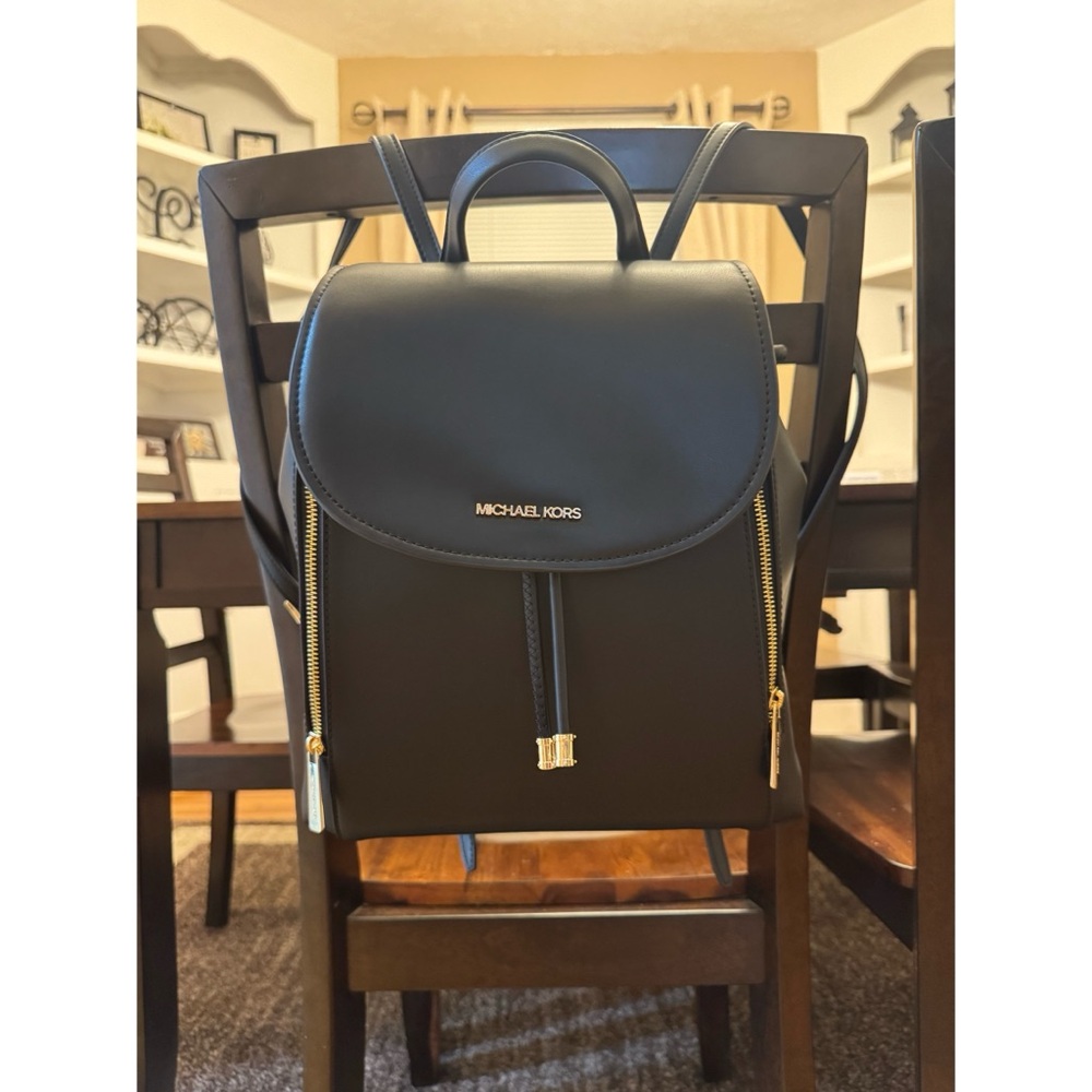Michael Kors Phoebe Drawstring Backpack Black with Gold Hardware